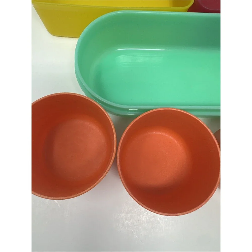 7x Vintage Tupperware Snack Set - 2 square away keeper 4 cups orange red yellow